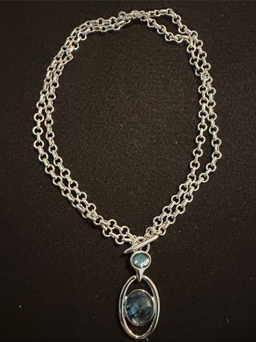 Anne Klein Silver Double-Chain Necklace with Blue Gemstones